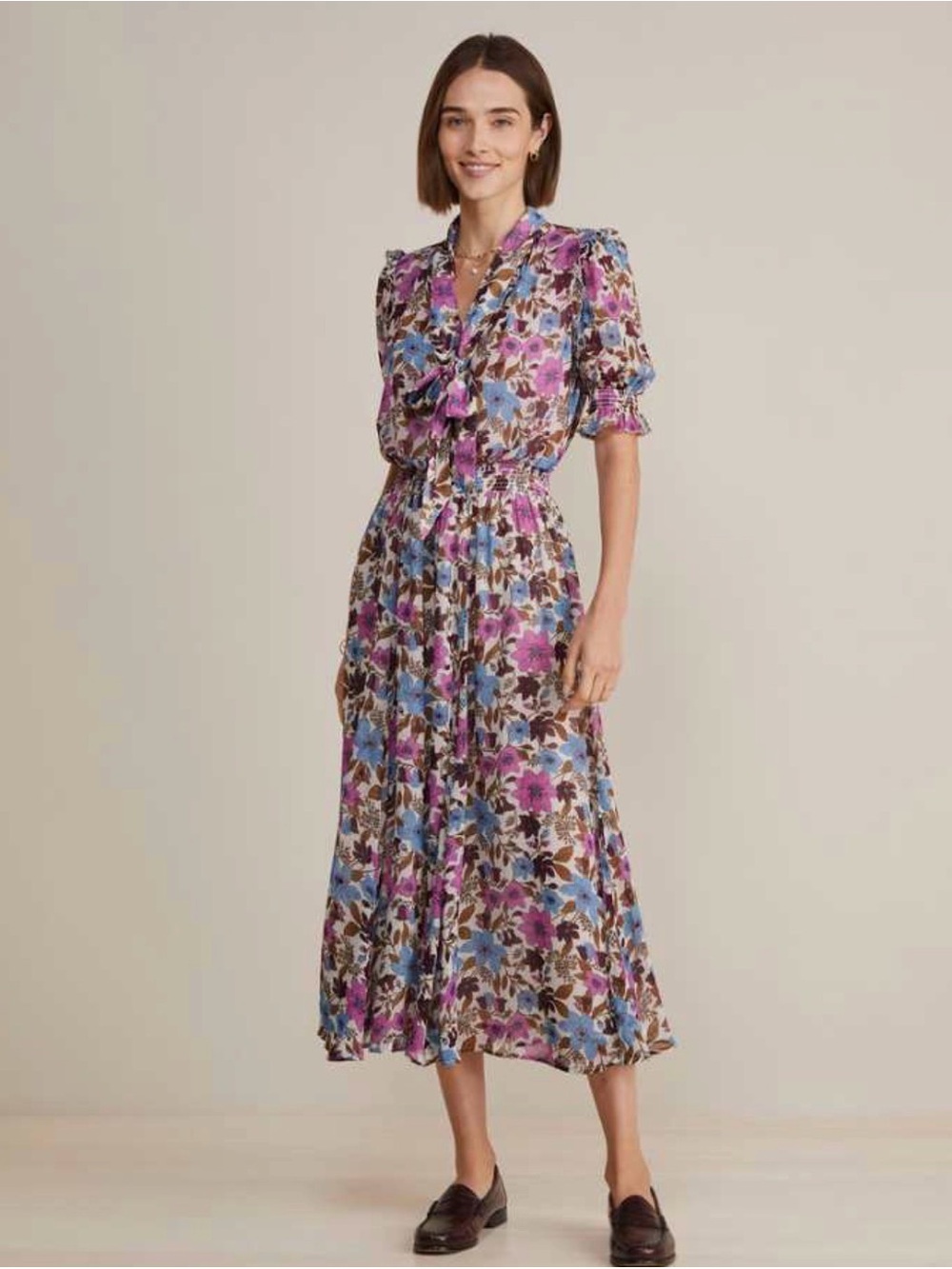 Vineyard Vines Purple & Blue Floral Tie-Neck Midi Dress